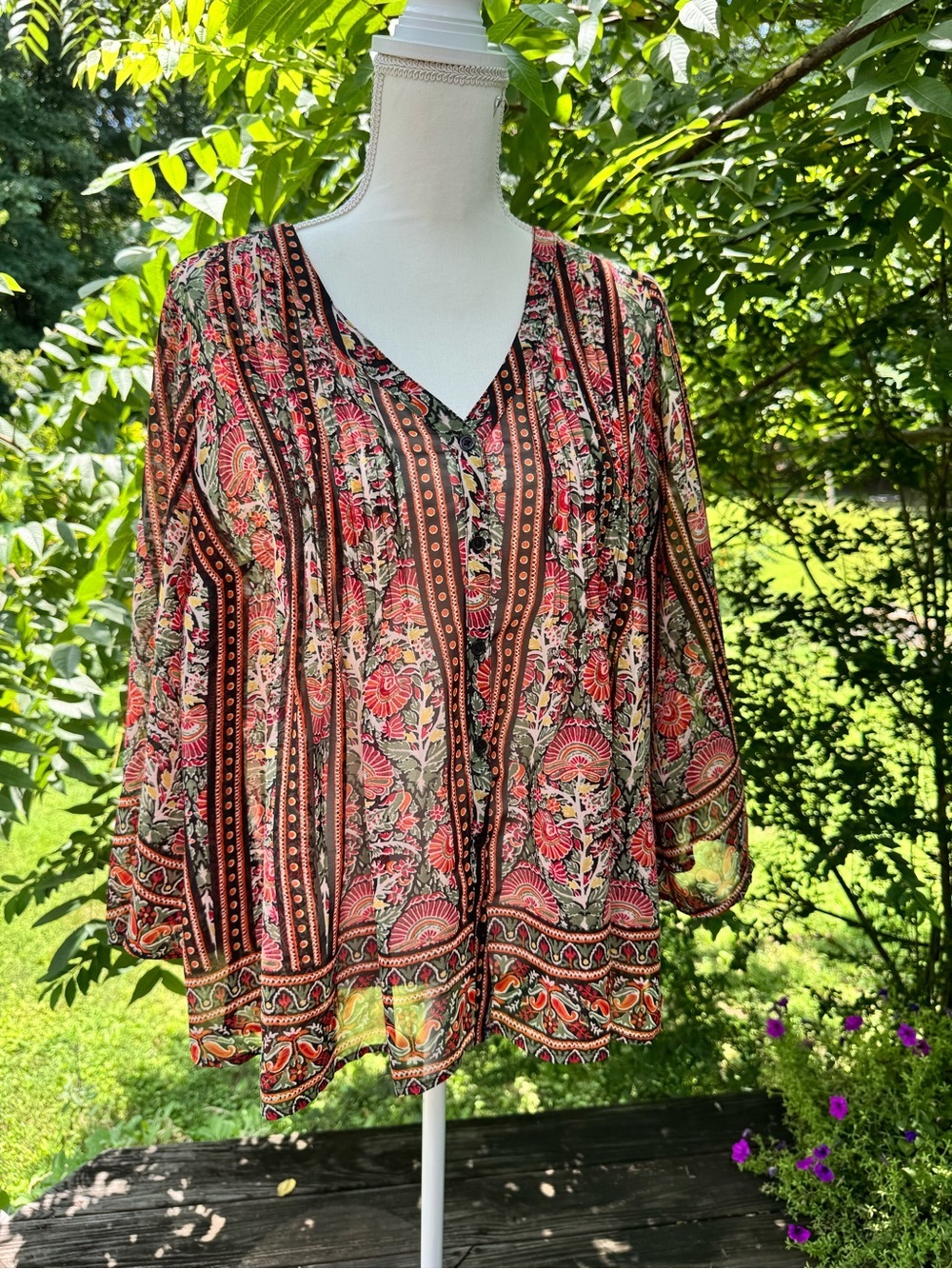 new directions Boho Floral V-Neck Tunic in Pink and Brown